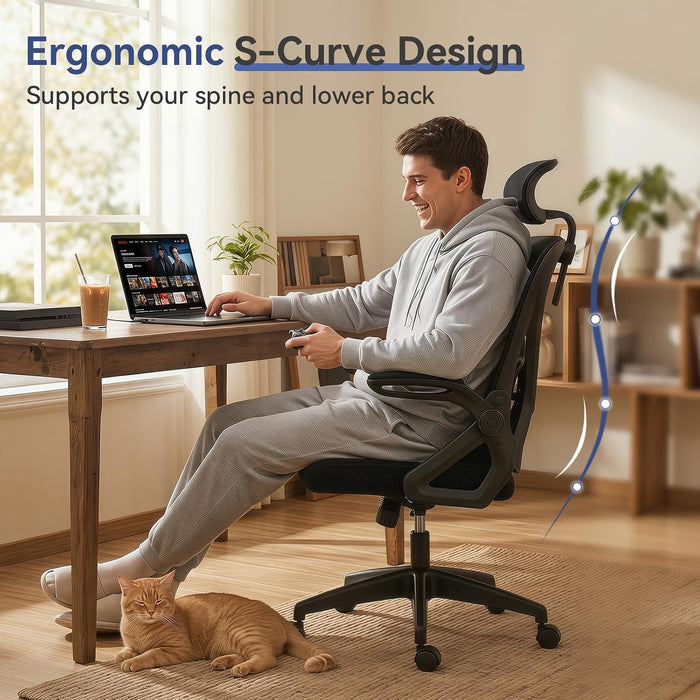 Mesh Office Chair, Computer Desk Chair with Flip-Up Arm Black
