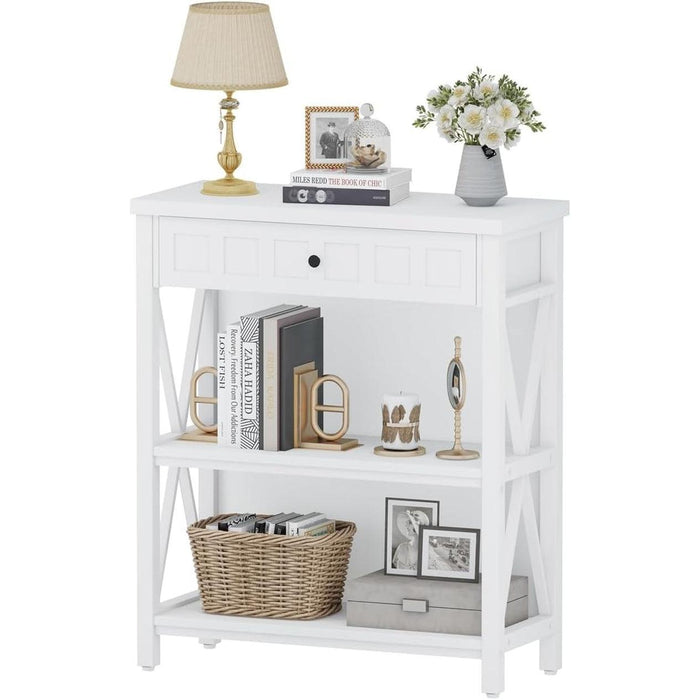 Small Bookcase with Drawer, Wood and Metal Bookshelf for Small Space, Short Book Shelf and Low Book Case for Living Room (White Oak)