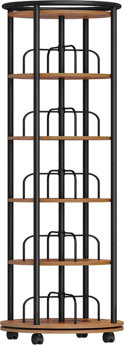 Rotating Bookshelf, 360° Spinning Bookshelf Tower,Round Book Shelf | Display Revolving Bookcase, Narrow Swivel Bookshelves for Small Space, Bedroom, Living Room, 6-Tier Rustic Brown, BC52101B