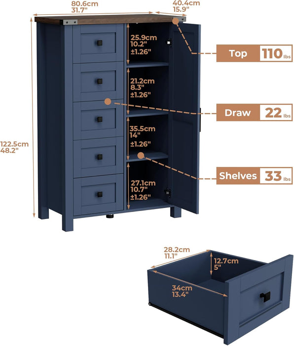 Farmhouse Tall Dresser Chest of Drawer for Bedroom, 5 Drawer Storage Cabinet with Barn Door, 48 Inch Tall Wood Dresser, Adjustable Shelves, Rustic, for Living Room, Entryway, Hallway
