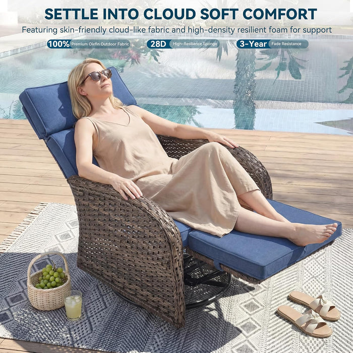 Zero Gravity Patio Swivel Recliner Chairs Set of 2 - Wicker Outdoor Lounge Chair with Adjustable Backrest & Footrest, All Weather Reclining Rocker Chairs with Thick Cushion for Pool Deck Blue