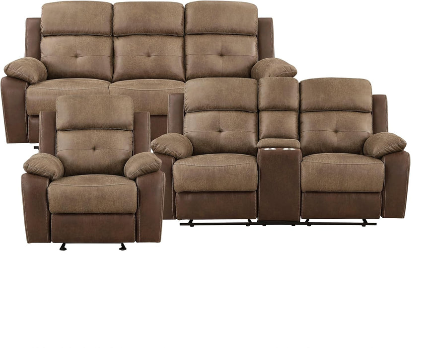 Marianna 3-Piece Reclining Living Room Sofa Set, Brown