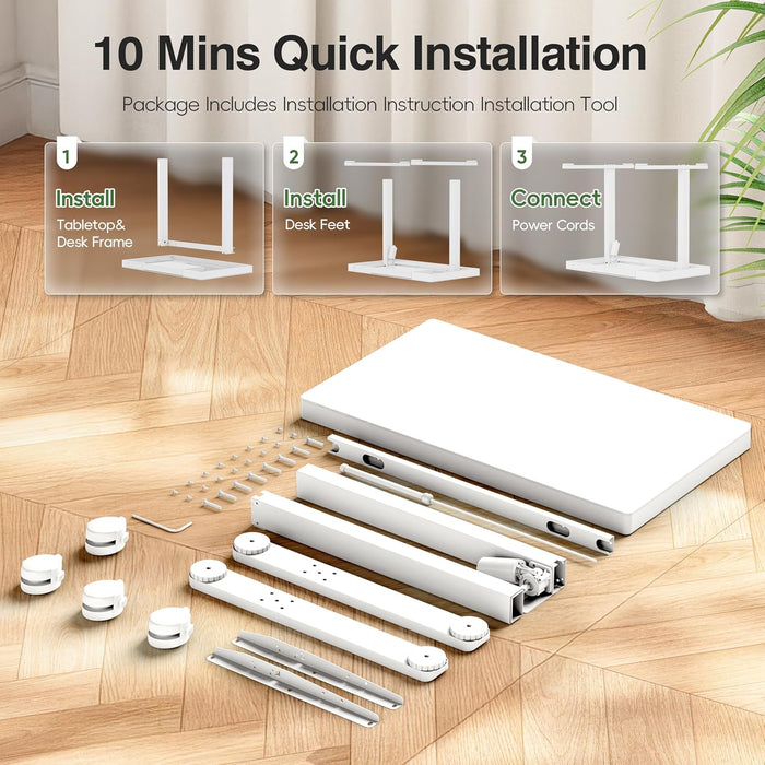 35" Glass Standing Desk with Drawer and USB Ports, Electric Height Adjustable Desk for Home Office, White Sit Stand Table with Storage, Easy Assembly Computer Desk for Small Spaces