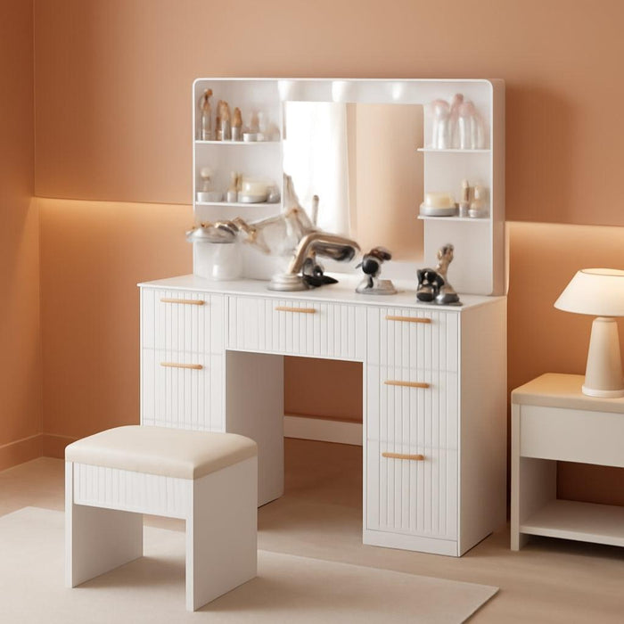 Fluted Vanity Desk with Mirror and Lights in 3 Modes and Charging Station, Makeup Vanity Table Set with 7 Drawers & Storage Shelves, Dressing Table with Chair for Bedroom, White