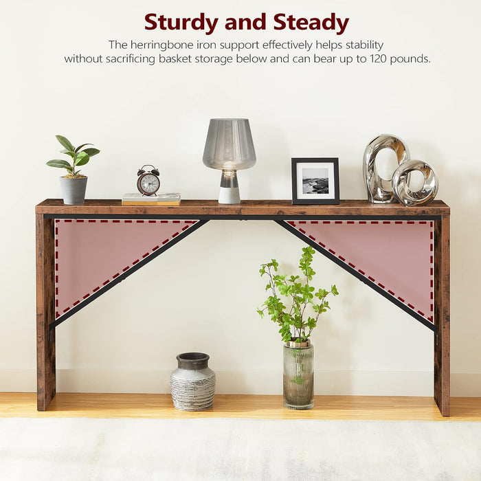 Console Table, 62.2" Long Sofa Table behind Couch, Narrow Entryway Table, Farmhouse Dining Table with Angled Metal Frame, Industrial Console Table for Entryway, Rustic Brown CTHR15801Z