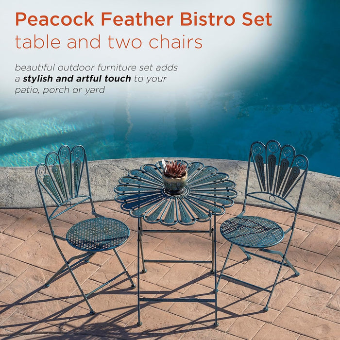 Indoor/Outdoor 3-Piece Peacock Feather Rustic Metal Bistro Set Patio Seating, Light Blue