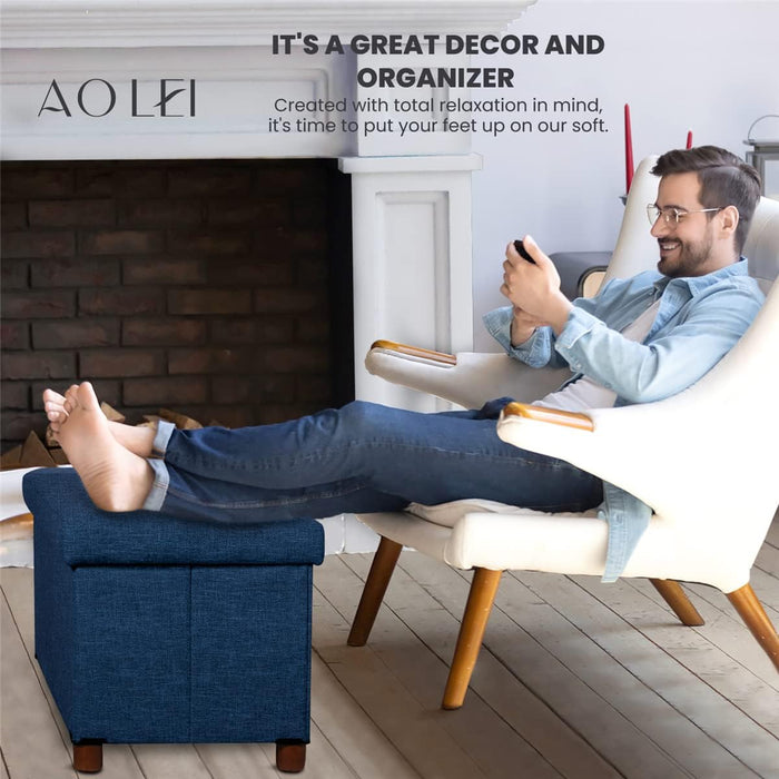 30 Inches Storage Ottoman Bench, Storage Bench with Wooden Legs for Living Room Folding Ottoman Foot Rest Removeable Lid for Bedroom End of Bed, Linen Fabric Blue