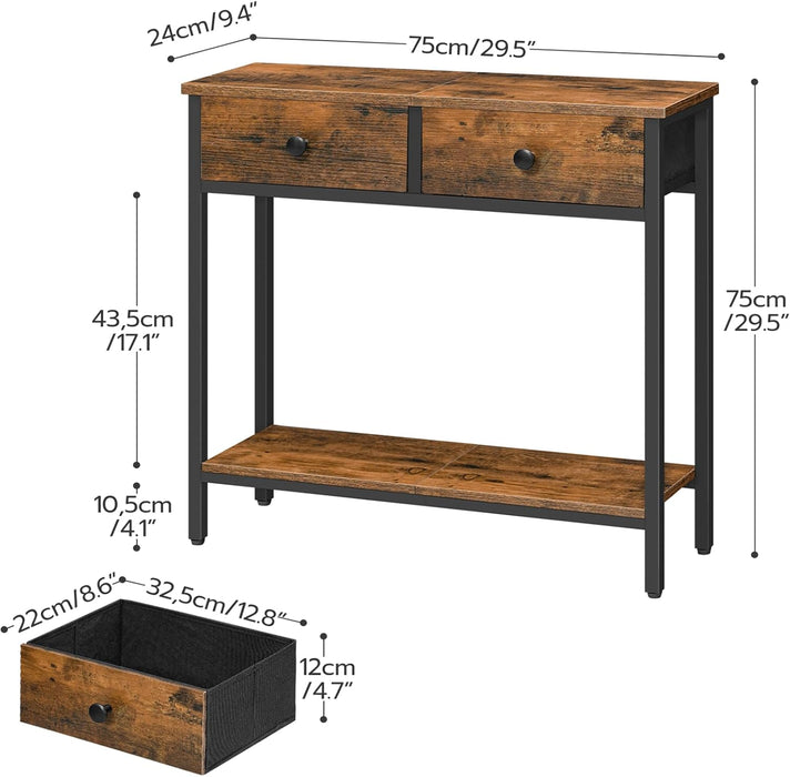 29.5" Narrow Console Table with 2 Fabric Drawers, Small Entryway Table with 2-Tier Storage Shelves, Sofa Table, behind Couch Table, for Living Room, Hallway, Rustic Brown and Black BF71XG01