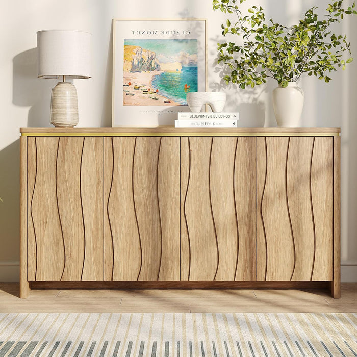 Fluted Buffet Cabinet with Storage, Kitchen Coffee Wine Bar Cabinet | Modern Sideboard Storage Cabinet with 3D Ripple Pattern Doors & Shelf for Dining Room,Living Room,Entryway, Natural, 57.9" W
