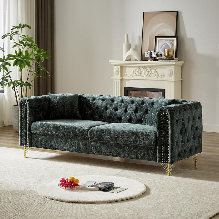 2 Pieces Chenille Living Room Furniture Sofa Couch Set,Button Tufted Comfy Couch with Nailhead Trim&Metal Legs,Mid Century Modern Couch and Loveseat Sets for Living Room(Loveseat+3 Seater Sofa,Green)