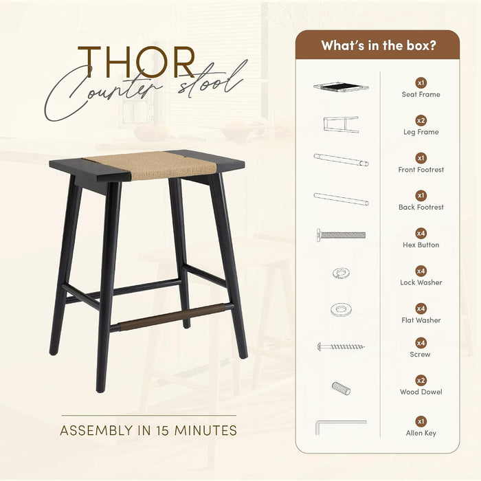Thor Wicker Premium Solid Wood Counter Stool 24", Backless Counter Height Seating with Hand-Knitted Rope, Eco-Friendly Modern Design (Midnight Charcoal)