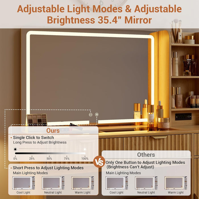 Fluted Makeup Vanity with 35.4" Mirror and Lights, 47.2" Large Makeup Vanity Desk with Stool, Dressing Table Set with Charging Station, 3 Drawers, Adjustable Shelves for Bedroom (Nature Oak)