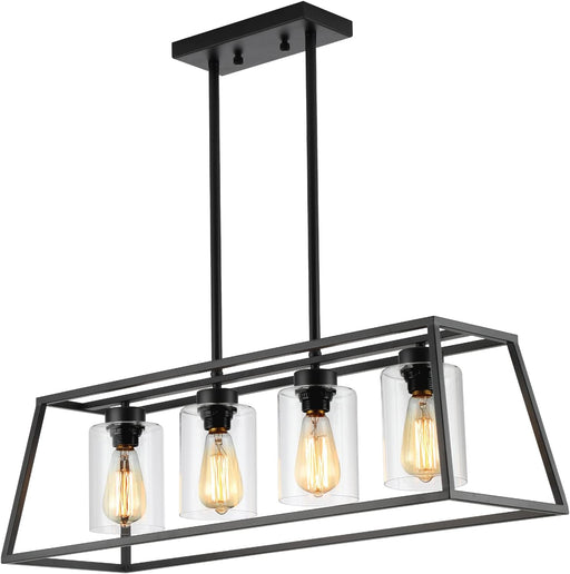 Black Farmhouse Chandeliers for Dining Room, Rustic Kitchen Island Light Fixture, 4-Light Linear Pendant Lights Kitchen Island with Glass Shade ，Apply to Dining Room Light Fixtures over Table