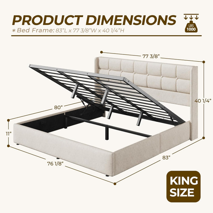 King Size Lift up Storage Bed Frame, Linen Upholstered Platform Bed with Wingback Headboard, Heavy Duty Hydraulic Gas Lift Underbed Space, Reinforced Full Metal Slats, Noise Free, Beige