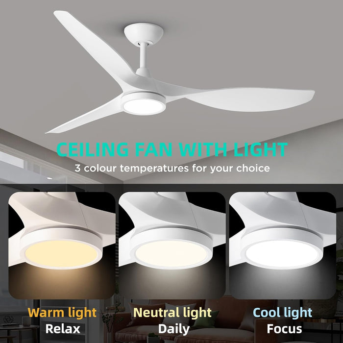 Ceiling Fans with Lights,Large Airflow 52Inch Modern Ceiling Fan with Quite Reversible DC Motor 3 Color Temperature LED Light (White)