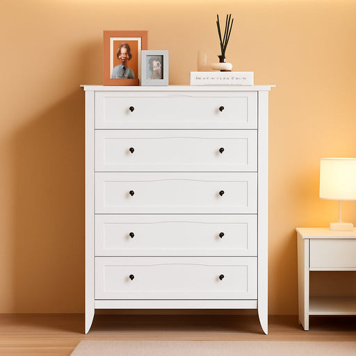 White 5 Chest of Drawer Dresser, Wood Storage Organizer Cabinet with Drawers for Bedroom, Tall Dresser Nightstand for Living Room, Entryway