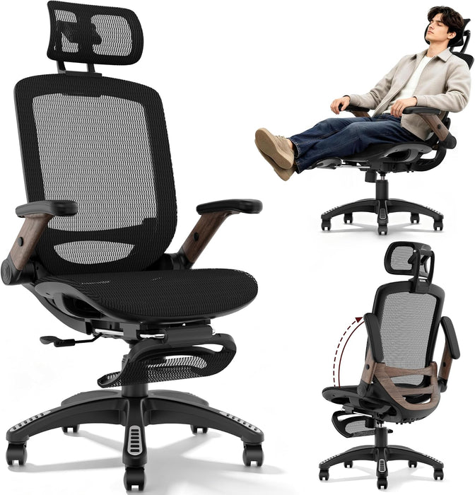 Ergonomic High-Back Office Chair with Footrest – Flip-Up Arms, 3D Headrest, 135° Recline, and Wide Mesh Seat with Lumbar Support. Rolling Swivel Task Chair for Gaming or Work, Sturdy, 300 LBS.
