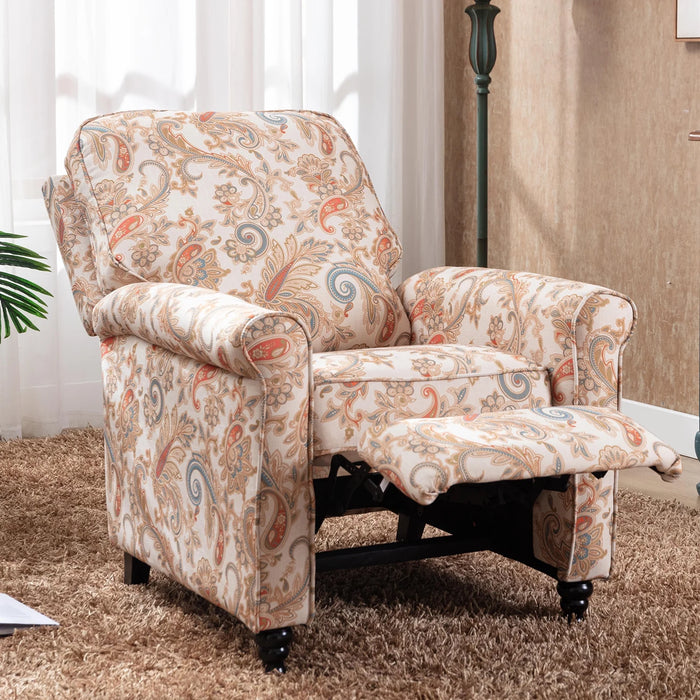 Manual Recliner Chair Push Back Upholstered Mid Century Armchair Fabric Sofa Home Theater Couches Wood Legs Home Living Room,Flower