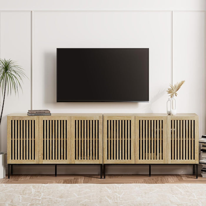 Farmhouse TV Stand for Tvs up to 100 Inch, 2 in 1 Entertainment Center TV Console with Storage Cabinets and Metal Base,Media Console for Living Room,Oak