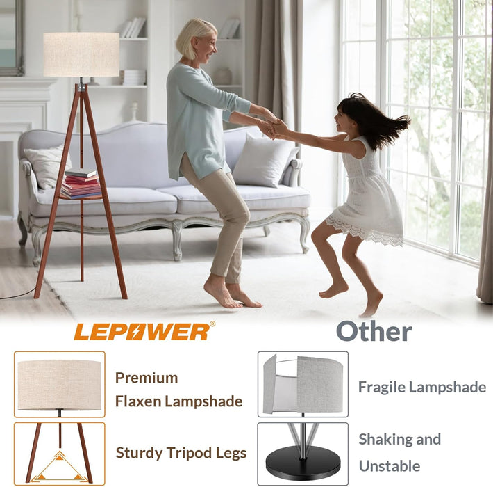 Tripod Floor Lamp, Mid Century Wood Standing Lamp, Modern Design Shelf Floor Lamp for Living Room, Bedroom, Office, Flaxen Linen Shade with E26 Base Brown