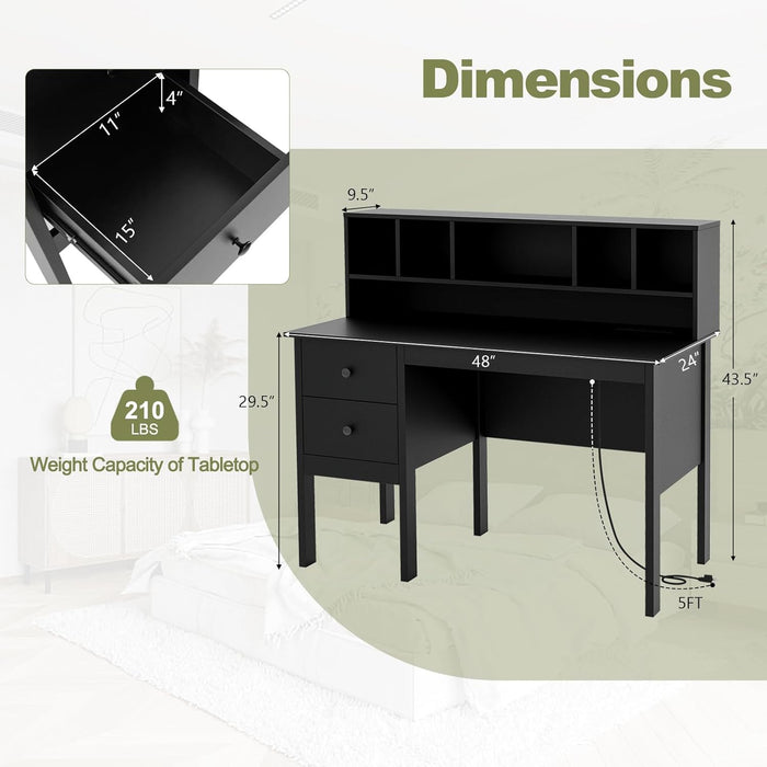 Black Desk with Drawers & Hutch, Home Office Desk with Charging Station, 5 Storage Cubbies, Makeup Vanity Table, Modern Study Writing Desk, PC Laptop Desks, Computer Workstation for Bedroom