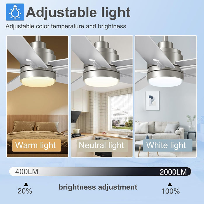 52 Inch Brushed Nickel Ceiling Fan with Light and Remote Control