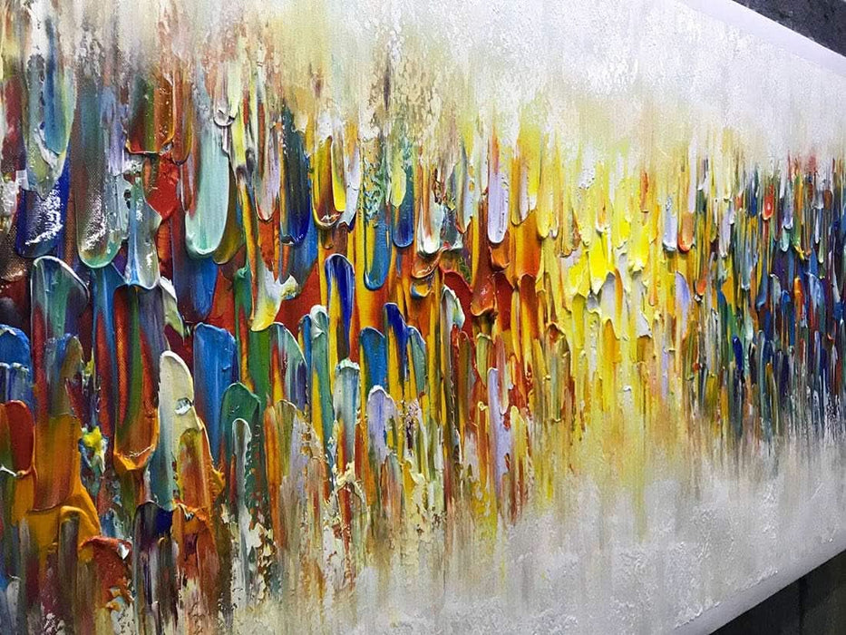 Art,24X60Inch Large Size Knife Painted Texture Art Yellow White Abstract Canvas Wall Art Colorful Modern Oil Paintings Framed Ready to Hang