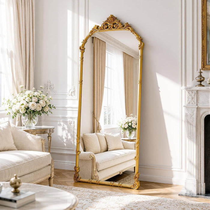 69"X28" Antique Gold Arched Vintage Floor Mirror with Carved