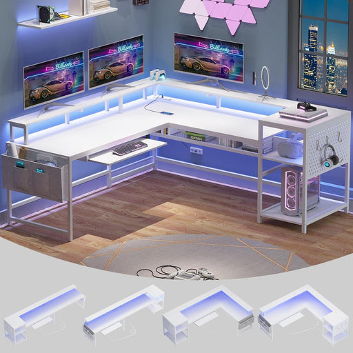 L Shaped Gaming Desk, Reversible Computer Desk, Gaming Desk with Power Outlets & LED Strip, Monitor Shelf, Keyboard Tray, Pegboard and Storage Shelves for Home Office, White