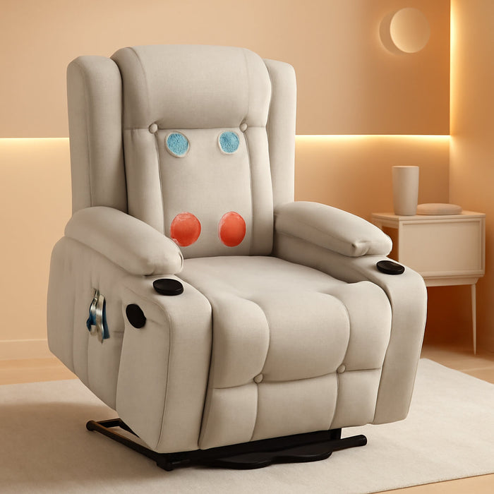 Modern Linen Electric Power Lift Chair, Recliner Massage Chair, Adjustable Furniture for Back, Legs W/ 3 Positions, USB Port, Heat, Cupholders, Easy-To-Reach Button - Greige