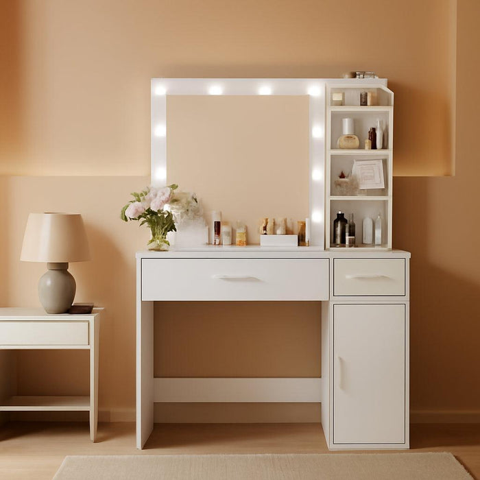 Vanity Desk with Rotating Jewelry Organizers, Makeup Vanity for Girls and Teens, Dressing Table with USB-C Charging Station, Makeup Table with Mirror and Lights, Dressing Room, White