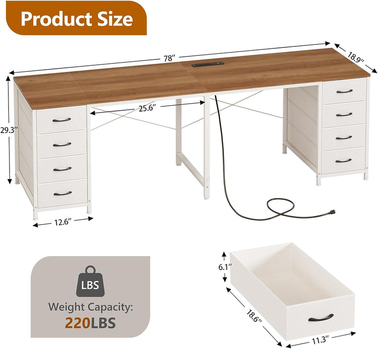2 Person Desk with 8 Drawers, Large Home Office Computer Desk with Power Outlets, 78 Inch Long Double Desks for Two People, Antique White