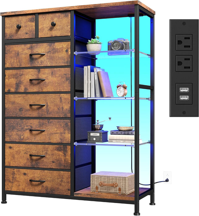 Dresser with LED Lights & Power Outlets, 8 Drawers, 54" H, Brown