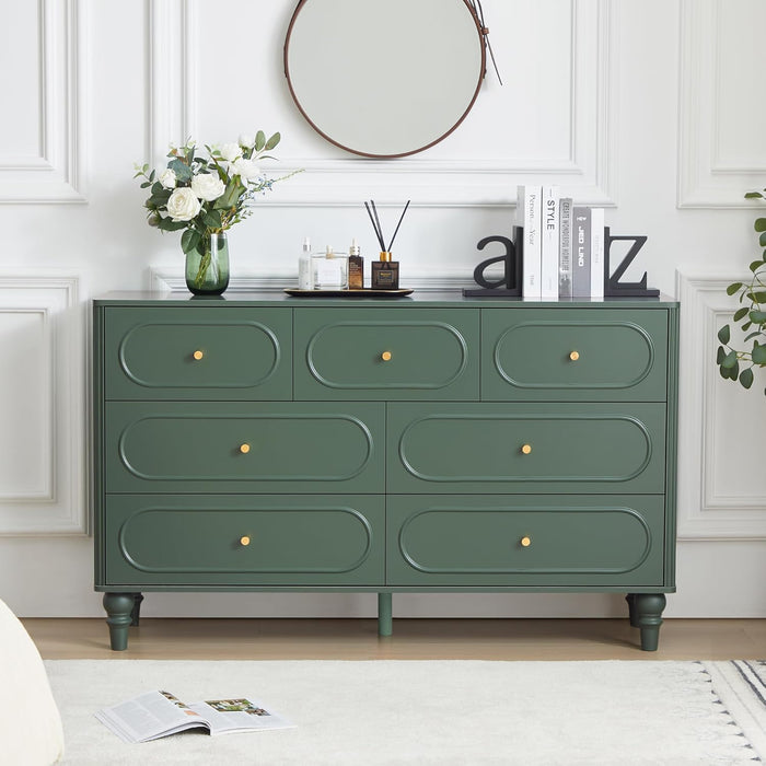 Fluted 7 Drawer Dresser for Bedroom, Modern Mid Century Chest of Drawers, Wood Storage Large Dresser Organizer for Bedroom Living Room Closet Hallway, Green