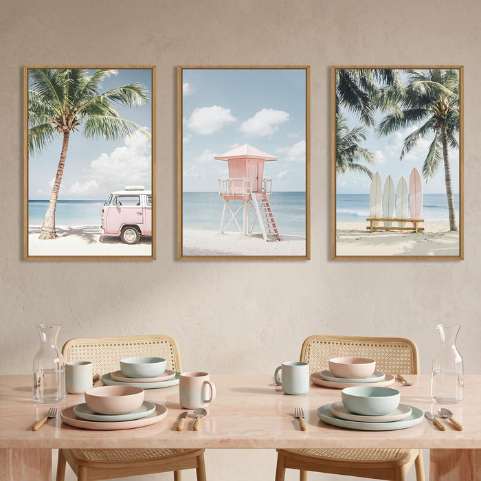Large Beach Seascape Ocean Framed Canvas Wall Art Set,Modern Coastal Surfboard Palm Tree Wall Decor,Summer Pink Van Artwork for Living Room,Bedroom,Dining Room,Office-16 X24 X3