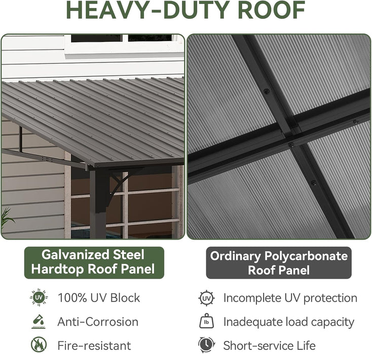 10' X 14' Lean to Gazebo, Upgraded Hardtop Outdoor Pergola with Sloping Galvanized Steel Roof, Large Wall-Mounted Heavy Duty Awnings for Patio, Backyard, Deck, Porch (Black)