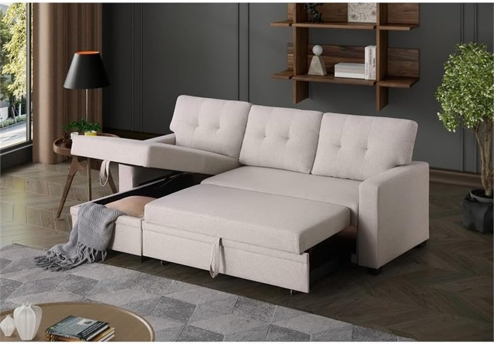 Beige L Shaped Convertible Sleeper Sectional Couch