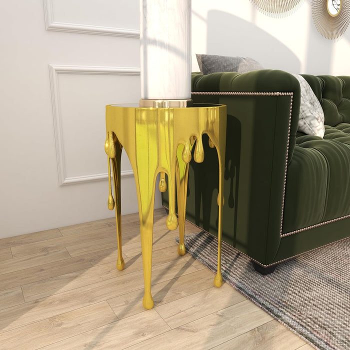 Aluminum Metal Abstract Melting Drip Accent Table with Melting Design and Shaded Glass Top, 16' X 16' X 25', Gold