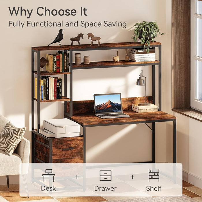 Computer Desk with Drawers and Hutch, 55" Gaming Desk with Storage Shelves, Modern Wooden Study Writing Desk for Bedroom Home Office, Brown