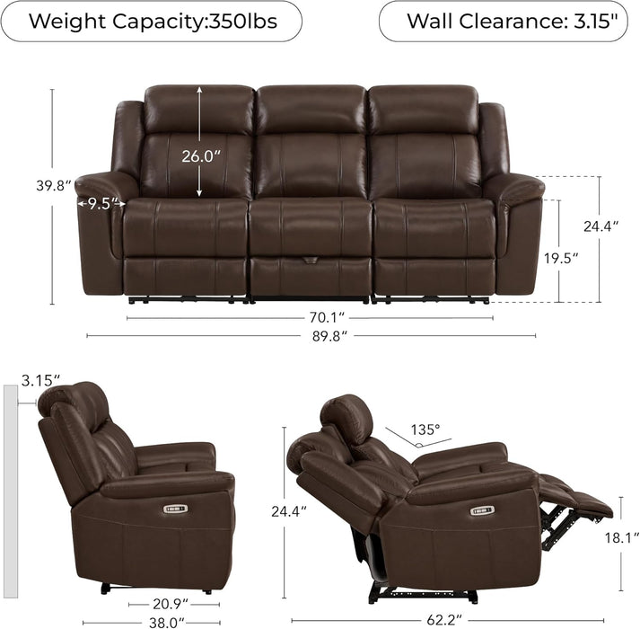Genuine Leather Power Recliner Sofa, Wall Hugger Reclining Sofa with Drop down Table, Power Headrest, Drawers, Charging Ports, Reclining Sectional Couch for Living Room, RV, Dark Brown