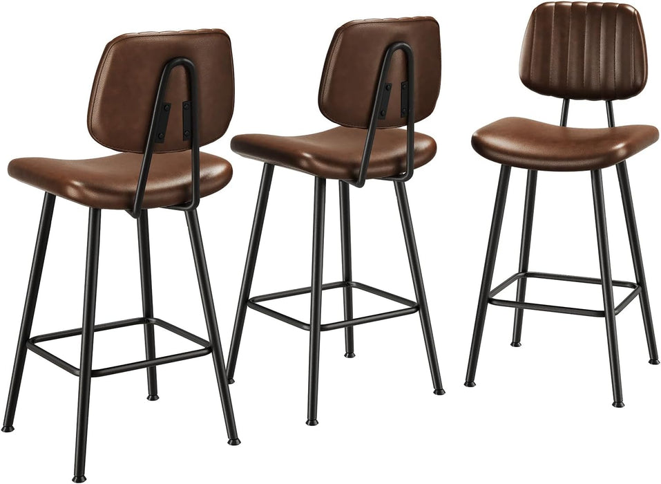 24-Inch Leather Bar Stools Set of 3 with High Backrest, Dark Brown