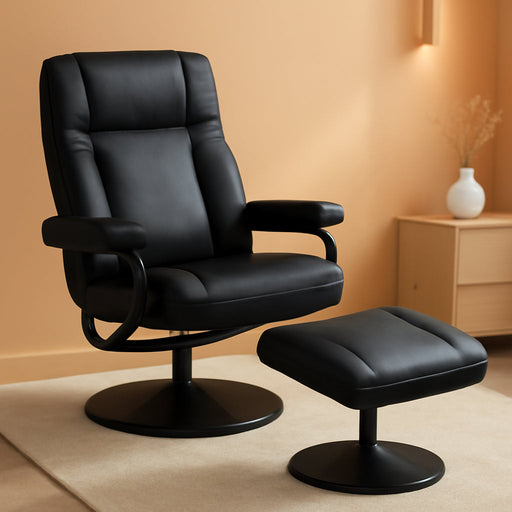 Swivel Recliner, Manual PU Leather Armchair with Ottoman Footrest for Living Room, Office, Bedroom, Black