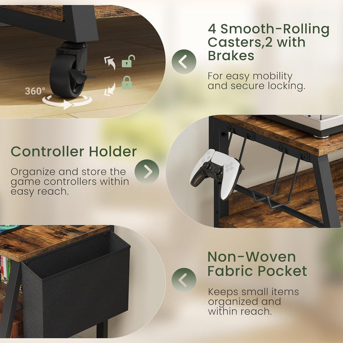 Mobile TV Stand with Charging Station, Adjustable Mount and Wheels, Rolling TV Console Table, Entertainment Center, for up to 75 Inch Tvs, 3-Tier Storage Shelf, Rustic Brown and Black TDS03UBF