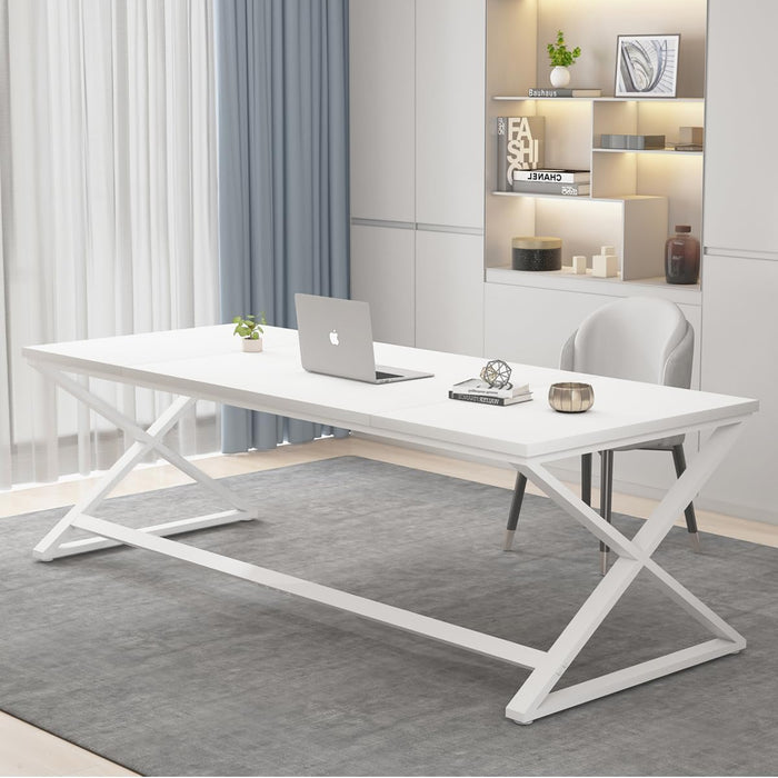 Long White Computer Desk, Modern Simple Large Home Office Desk, Wood Metal Work Study Writing Table for 2 Monitors, Double Pc Gaming Executive Workstation in Bedroom Living Room, White Oak,70 In