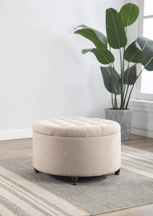 Classic 28-Inch Wide Button Tufted round Storage Ottoman Footstool with Lift off Lid, Light Brown Fabric