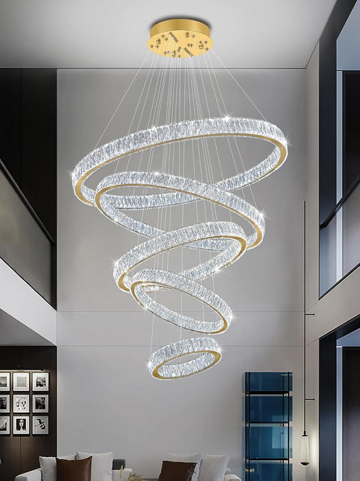Modern Gold Ring Chandelier for High Ceiling Foyer,Large Crystal Chandelier for Staircase Villa D8''+15.7"+23.6"+31.5"+39.4"