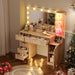 Fluted Makeup Vanity Desk with Large 31.4" Mirror and Sound Sync RGB Lights, Wood Vanity with 6 Drawers, 2 Cabinet & 3 Compartments, Charging Station, Bedroom Dressing Table, Natural Oak