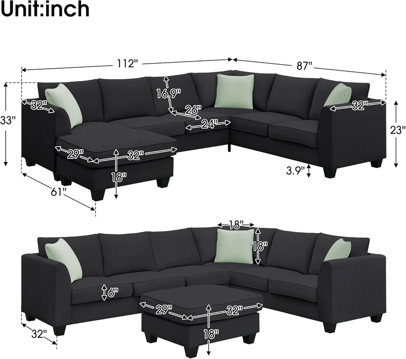 Large U Shaped Sectional Sofa with Removable Ottoman for Living Room, 7 Seats Modular Sofa with Wide Chaise Lounge & 3 Pillows, 112” Fabric Corner Couch Set for Large Space, Black