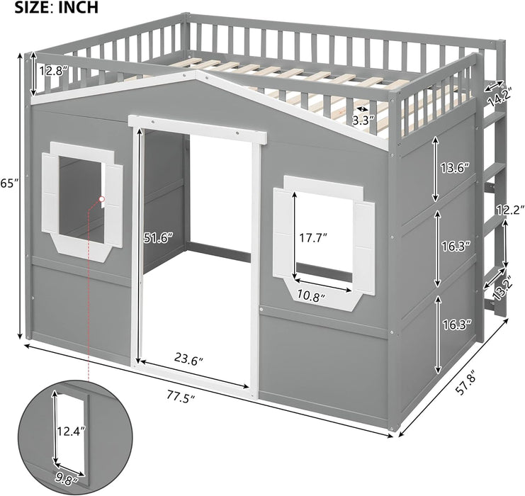 House Loft Bed Full Size Kids Playhouse Bed, Solid Wood Loft Bed Frame with Window and Ladder, for Kids Teens Adults (Full Size, Gray+White)