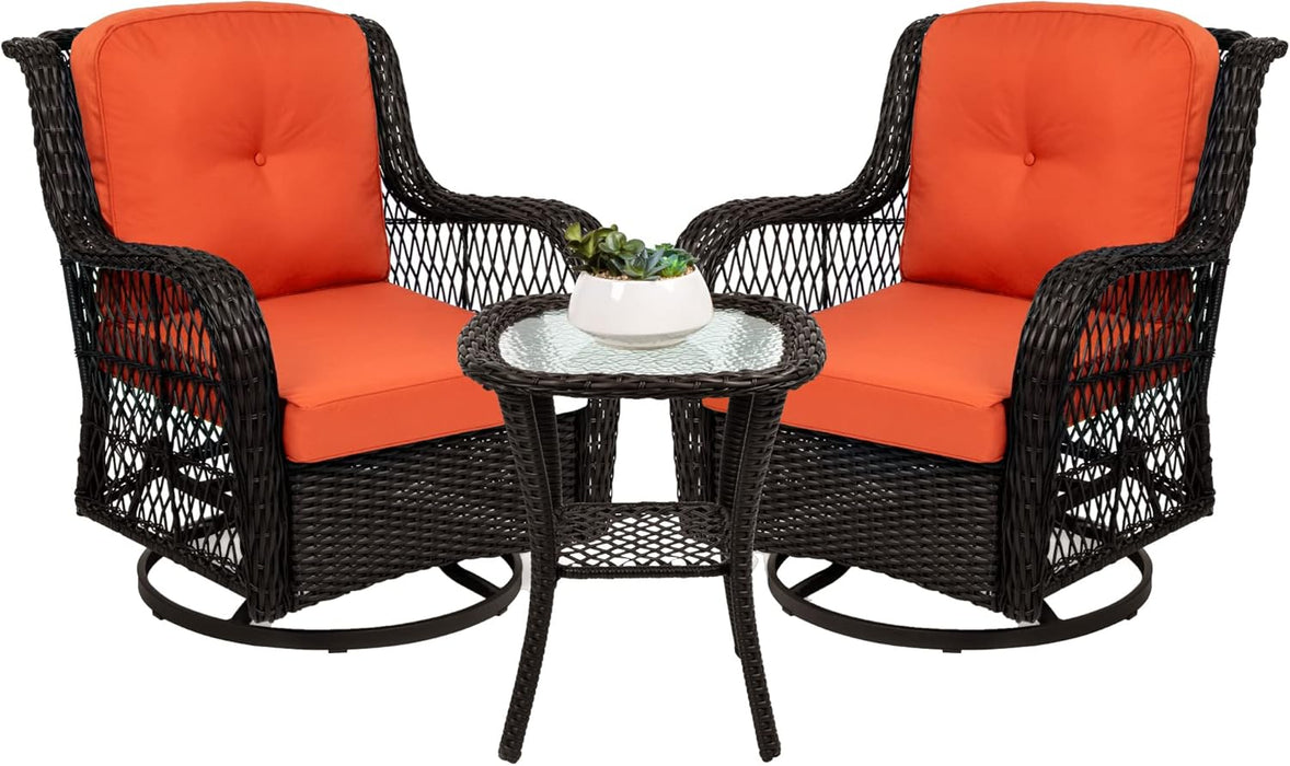 3-Piece Outdoor Wicker Patio Bistro Set W/ 2 360-Degree Swivel Rocking Chairs and Tempered Glass Top Side Table - Rust
